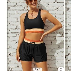 SeaFancy Black Colorblock Zipper Back Sporty Bikini Top with Boy Short Set XL